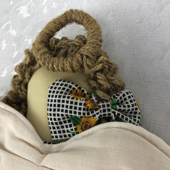 Vintage Cloth Doll Angel Dressed in Checkered and Sunflower Dress with Bows 16” - Picture 4 of 14